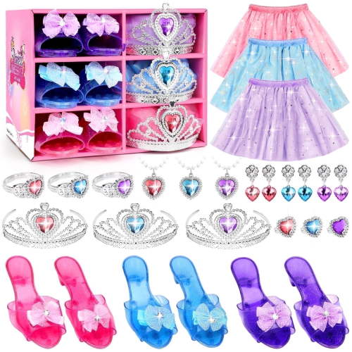 Flybay Princess Dress Up Set, Toddler Costumes with Skirts, Shoes, Crowns, Birthday Gifts for Girls 3-7
