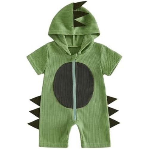 Infant Baby Boy Dinosaur Clothes Outfit Summer Hooded Short Sleeve Contrast Romper Jumpsuit Newborn Waffle Clothes