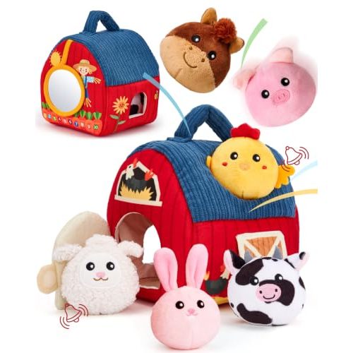hahaland Baby Toys 6-12 Months - Surprise Barn Stuffed Farm Animals Plush | 6 Month Old Montessori Toys with Rattle Crinkle Sound, Texures, Mirror, Infant Sensory Balls 7 8 9 Month Old Baby Boy Gifts