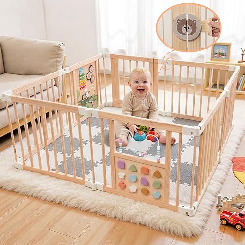 Foldable Wooden Baby Playpen with Mat,Thickened Wood Adjustable Play Yard & Activity Center with Gate + 2 Busy Board - Easy to Assemble, Birthday Gift for Toddlers (56 * 56 * 25 Inch)