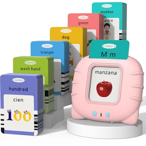 Startcan Spanish & English Talking Flash Cards for Girls 3-6, Audible Toys with Music to Learn Numbers 0-100, Letters, Phrases and More Spanish and English Vocabulary - 278 Cards and 556 Words(Pink)