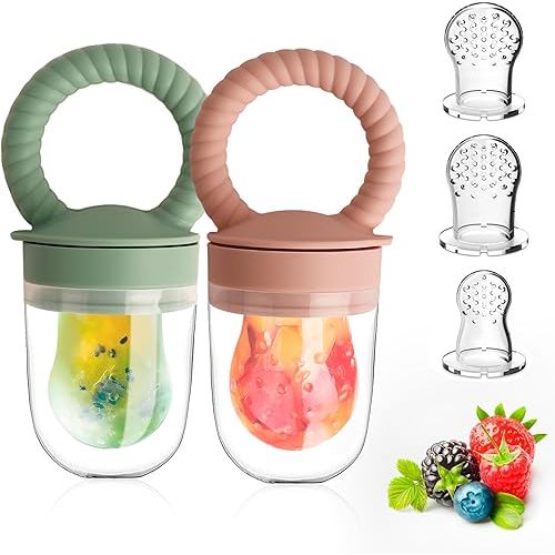 Baby Solids/Frozen Fruit Feeder Pacifier, Infant Teether Toy 4M+, BPA-Free Silicone Pouch & Nipple, Safely Introduce Solids, Teething Relief, 2-Pack (Ring - Green Pink)
