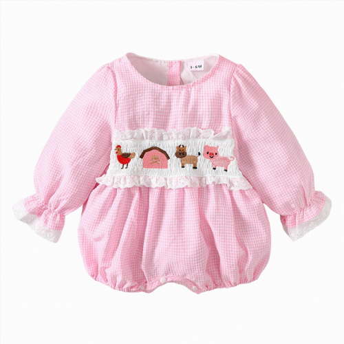 CAICJ98 Newborn Infant Baby Girl Bubble Romper Farm Embroidery Plaid Puff Long Sleeve Smocked Bodysuit Cute Fall Winter Clothes (Pink,3-6 Months)