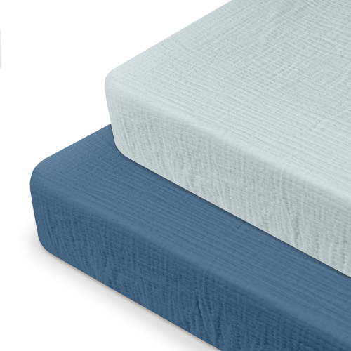 Gllquen Baby Muslin Mini Crib Sheets Pack N Play, Stretchy Fitted Sheet for Boys Girls 2 Pack, Azure