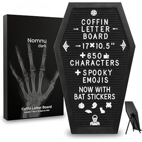 Coffin Letter Board Black +3D Bat Stickers +650 Characters, Spooky & Seasonal Emojis, Wooden Stand - 17x10.5 Inches - Coffin Shaped Goth Decor Sign Witchy Halloween Decorations Gothic Decor Birthday Wedding Home Spooky Gifts