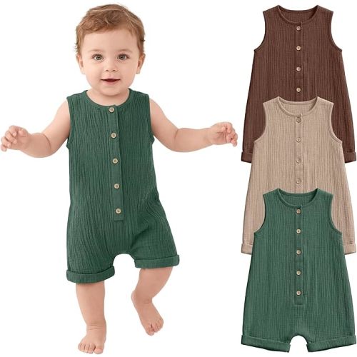 Halfchet 3 Pack Baby Boys Jumpsuit Cotton Newborn Romper Sleeveless Button Infant Playsuit Summer Outfit Clothes 0-24M