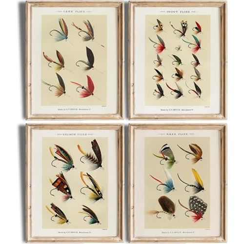 DREAM BIG PRINTABLES Vintage Fly Fishing Art Prints (Set of 4) - Unframed - 8x10 | Fishing Lure Wall Decor for Fisherman