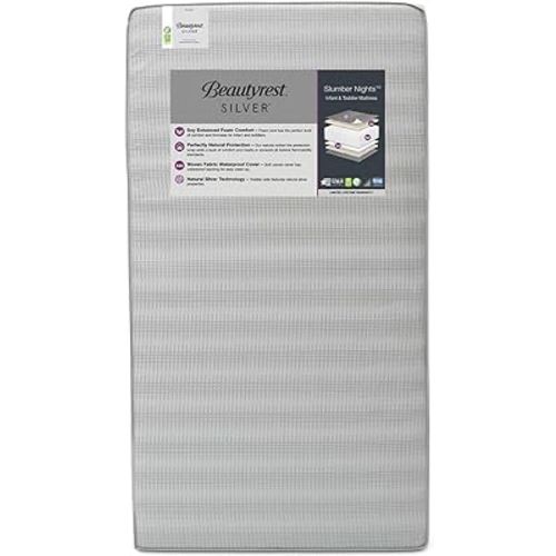 Beautyrest Silver Slumber Nights Dual Sided 2-Stage Crib Mattress and Toddler Mattress - GREENGUARD Gold – Waterproof - Plant Based Soy Foam Core, Grey