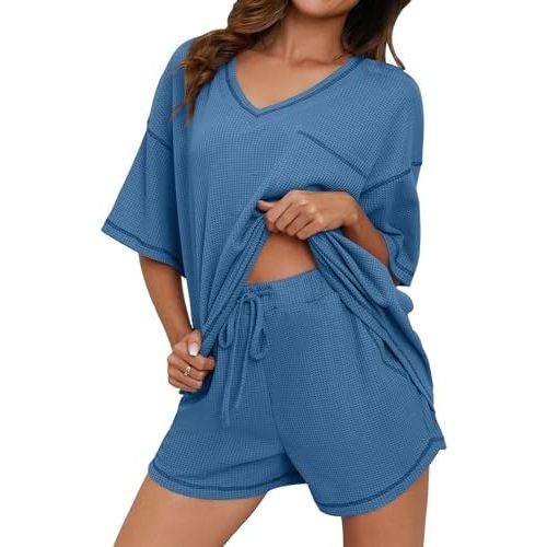 Womens Pajama Sets Waffle Knit 2 Piece Short Lounge Set Cute Sleep Loungewear Pjs Set Short Sleeve Top and Shorts