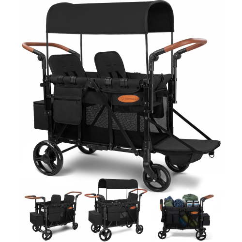 Vomeast Upgrade Wagon Stroller for 2 Kids, 2-Seater Outdoor Baby Stroller Wagon with Canopy, 5-Point Harness, Adjustable Handle(Black)