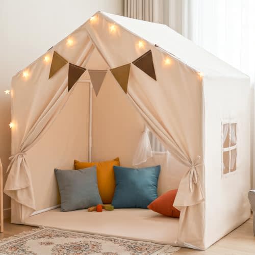Little Dove Kids Play Tent with Star Lights & 2 Windows, Large Reading Nook & Playhouse for Indoor & Outdoor Use, Play Tent for Boys & Girls, Birthday, 52"x35"x51", Cream