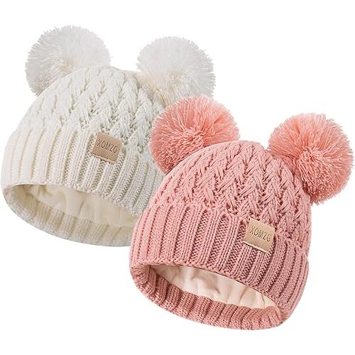 Toddler Winter Beanie Hat, Infant Winter Warm Knit Fleece Lined Cap for Girls Boys with Pom Pom for 0-36 Months 2 Packs