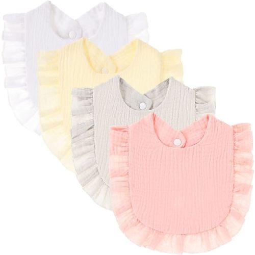 4 PACK Solid Muslin Baby Drool Bibs Set for Unisex Boys Girls Cotton Adjustable Teething Feeding Drooling Bibs