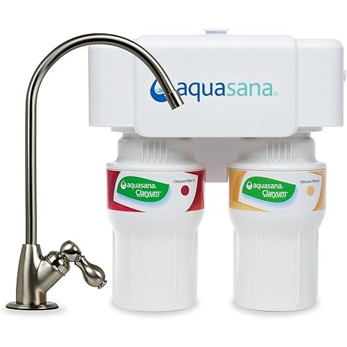 (any under the sink water filtration system) Aquasana Under Sink Water Filter System - Reduces PFAS, Lead, & Chlorine in Drinking Water - Under Counter Claryum Filtration for Kitchen - 2-Stage - Brushed Nickel Faucet - AQ-5200.55