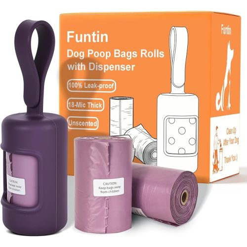 Funtin Dog Poop Bags, 60ct Unscented 13"x9" Leak Proof 1.8mil Extra Thick Strong Waste Bag Refill Rolls with Dispenser (Pruple & 60-Bags)
