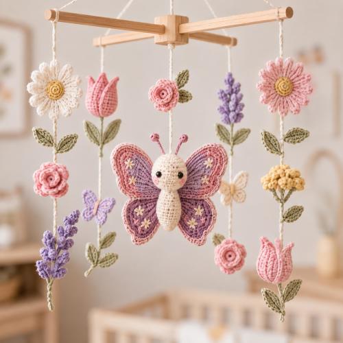 Crochet Butterfly Floral Baby Mobile, Handmade Nursery Decor, Pastel Garden Theme