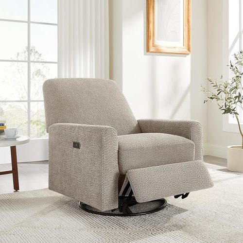 VANOMi Power Swivel Glider Recliner Chair, Electric Nursery Rocker Recliner Chair, USB & Type-C Charger, Warm Camel Boucle