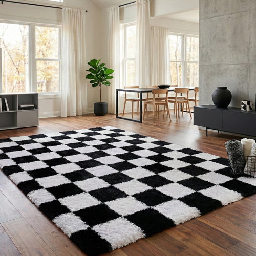 Mercer41 Plush Checkered Shag Area Rug - Soft Fluffy Grid Fleece Carpet for Living Room, Bedroom, Dry-Clean Only, High-Pile Shaggy Rug with Modern Checkerboard Pattern, Cozy Non-Slip Floor Decor for Contemporary Home Spaces & Reviews | Wayfair