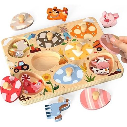 Wooden Puzzles for Toddlers, 8 Pcs Farm Animal Matching Egg Puzzle, Montessori Toys for Boy Girl Easter Birthday Gifts, Preschool Learning Activities & Educational Toys for Boys, Girls
