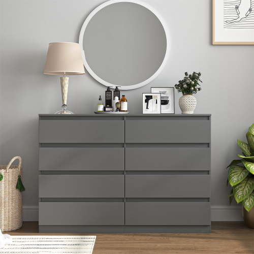Hommoo Gray 8 Drawer Dresser, Wood Modern Storage Cabinet Dresser Organizer, Chest of Drawers for Living Room, Closet, Hallway, Nursery