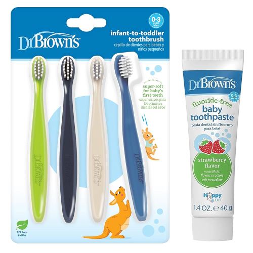 Dr. Brown's Infant-to-Toddler Toothbrush Set, Soft & Gentle Manual Toothbrushes for Baby, BPA Free, 4-Pack + Fluoride-Free Baby Toothpaste, Strawberry, 1-Pack, 1.4oz/40g, 0-3 Years