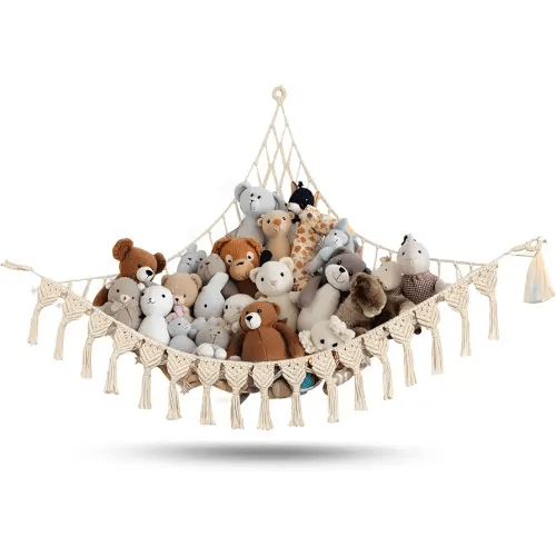 Extra Large Stuffed Animal Hammock with LED Lights 100% Natural Cotton Macrame Toy Storage Net for Plushies & Squishmallows Boho Macrame Corner Organizer for Kids’ Room or Nursery (Beige)