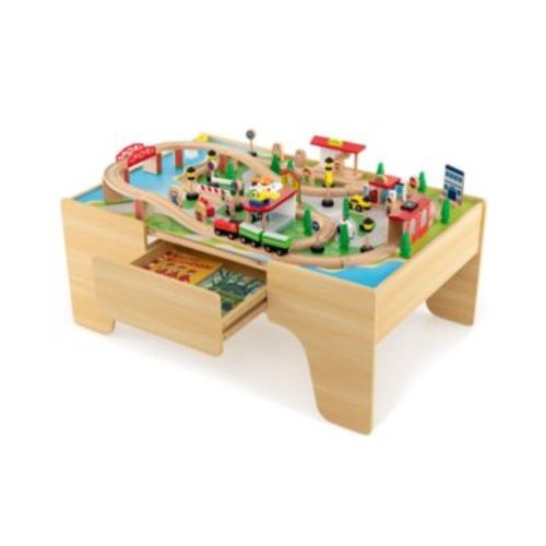 84-Piece Wooden Train Set with 2-in-1 Reversible Detachable Tabletop Storage Drawer ASTM CPSIA Safe