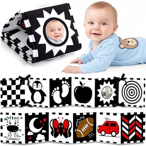 Yeeeasy Black and White Baby Books for Newborn 0-6 Months, Double-Sided High Contrast Toys with Mirror, Montessori Sensory Crinkle Soft Toys for Infant Brain Development 0-12 Months