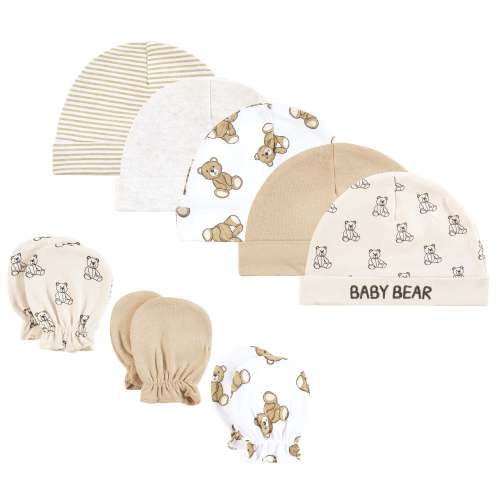 Hudson Baby Cotton Cap and Scratch Mitten Set, Teddy Bears
