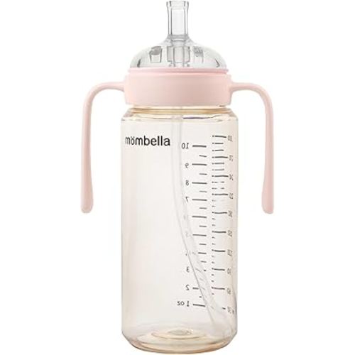 Mombella Classic 2 in 1 Baby Bottle & Straw Cup with Handle, PPSU Baby Bottles & Sippy Cup, Skinsoft Silicone Nipple Milk Feeding Bottle for Babies 6 Months+, Easy Grip, Leak-Proof, 10oz, Pink