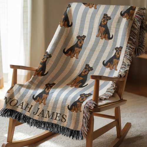 Personalized Welsh Terrier Dog Baby Blanket Blue Striped Custom Name Dog Breed Nursery Throw, Baby Shower Gift, Welsh Terrier Lover Gift