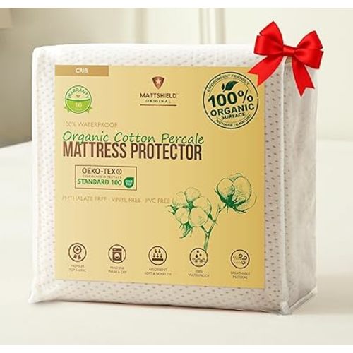 Deluxe Organic Cotton Percale Crib Mattress Protector Waterproof – OCS Certified - Premium 280 GSM Breathable Soft Baby Mattress Pad Cover, Fitted Standard 52 x 28