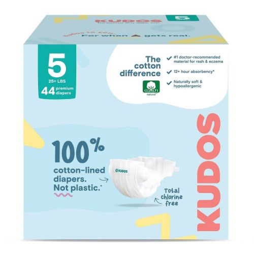 Kudos Chlorine Free Cotton-Lined Disposable Diapers - Size 5 - 44ct: Absorbent Layers, Elastic Stretch Sides