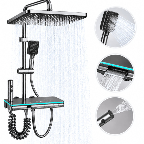 INSMART 12 Inch Rainfall Shower Combo, High Pressure Rain Head, Piano Key 4 Outlets, Water Powered Display, Air Injection Anti Splash Handheld Sprayer