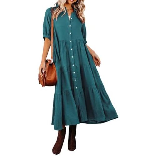 R.Vivimos Women's Summer Cotton Half Sleeves Button Down Casual Loose Slit Midi Dress with Pockets