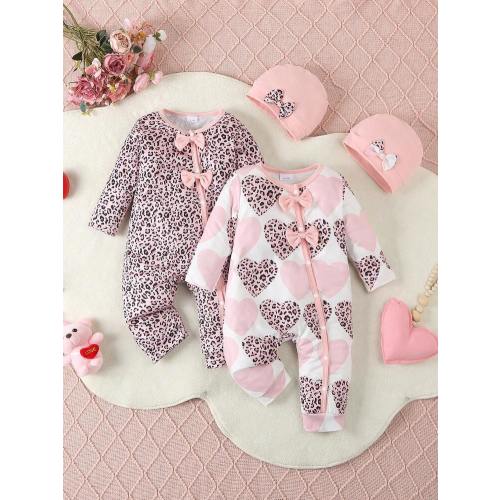 Bhchntiy 2pcs Baby Girl Autumn New Floral Print & Solid Color Round Neck Romper And 2 Bow Tie Hats | SHEIN USA