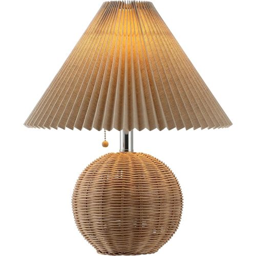 JONATHAN Y 17.25" Natural/Chrome/Dark Beige Sphere Table Lamp, Mid-Century Bedside Nightstand with Beige Pleated Linen Shade, Scandinavian Coastal Style, LED Bulb Included (JYL1145C)