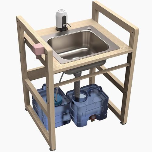 Bathroom Sink for Kids, Adjustable Height Small Sink with Solid Wood Stand, Stainless Steel Basin, Portable, No Plumbing Required. Montessori Selfcare Station (Pine, 18.5''D x 21.8''W x 28''H)