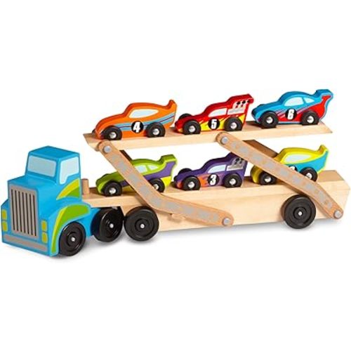 Melissa & Doug Mega Race-Car Carrier - Wooden Tractor and Trailer with 6 Unique Race Cars