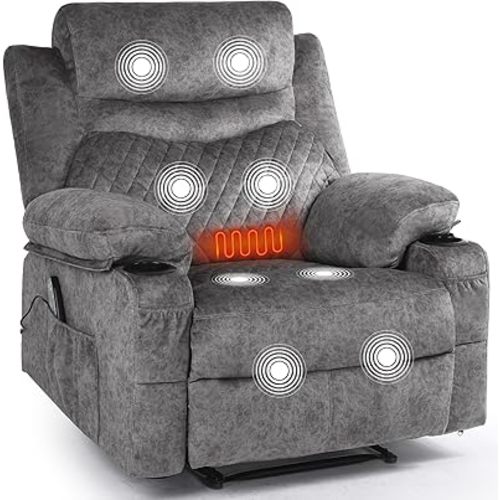 Overstuffed Massage Recliner Chair with Heat, Wide Seat Reclining Chair for Home Theater, Heated Massaging Manual Recliner Chairs with Cup Holders, Grey