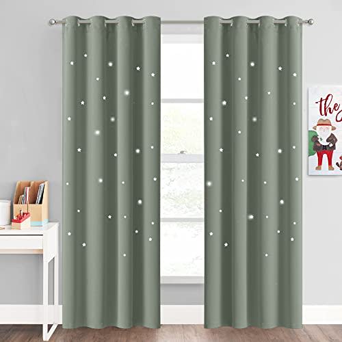 NICETOWN Kids Curtains for Bedroom Thermal Insulated Twinkle Star Curtains for Babys, Grommet Top Window Treatment 2 Panels Drapes for Nursery Decor, (52" W x 84" L, Sage Green)