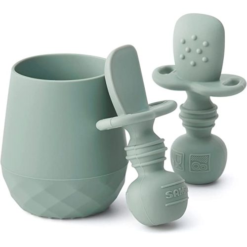 SAMiGO Silicone Baby Utensils - Self Feeding Spoons and Tiny Training Cup - First Stage Baby Led Weaning Supplies for 6 Months+ Infants - Set of 3