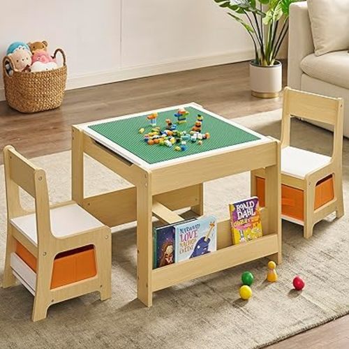 GTOLV Kids Table and Chair Set, 3 in 1 Wooden Activity Table with Storage Drawer for Toddlers Drawing, Reading, Crafts, 2 in 1 Detachable Tabletop Table Set for Nursery, Playroom (Natural & White)