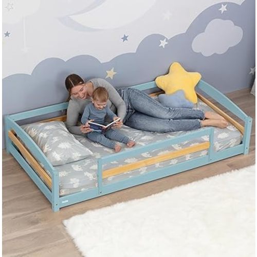 Ocodile Twin Floor Bed with Safety Guardrails for Kids, Montessori Inspired with Rails and 2 Openings, Twin Size Bed Frame for Girls and Boys - Blue