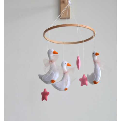 Felt Goose Crib Mobile, Pink Stars, Tulle Bows, Baby Girl Nursery Decor