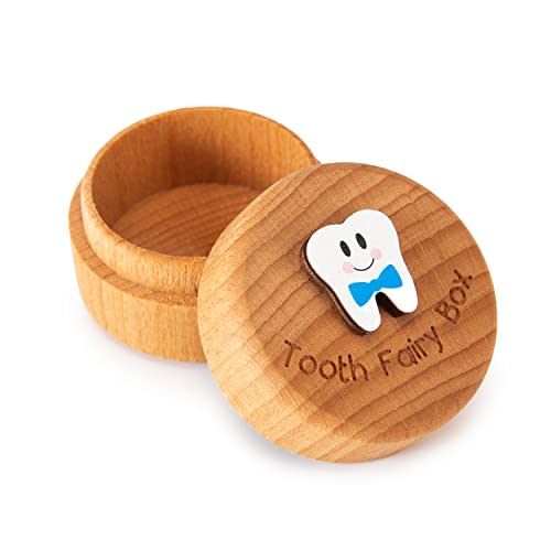Tooth Fairy Box for Girls and Boys Wooden Cute Tooth Box with 3D Tooth, Lost Teeth Storage for Kids, Dropped Tooth Keepsake Box Gift (Blue)