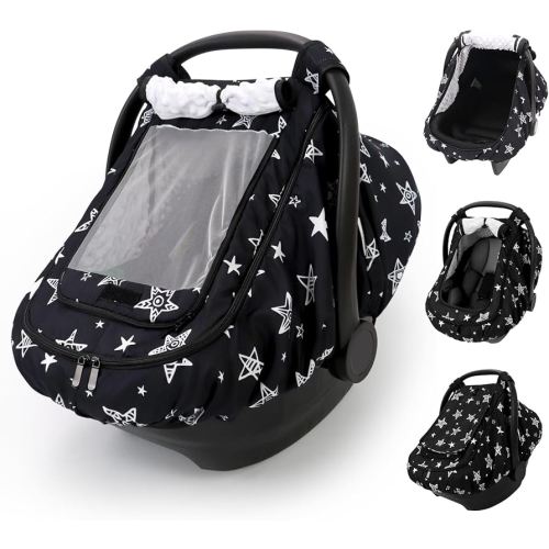 Car Seat Cover Baby Boy, Infant Car Seat Canopy Outdoor, 2 Layers with Mesh and Sun Shade Window for Summer Winter, Easy Access Carseat Covers Snug Fit Baby Stroller - Black Star