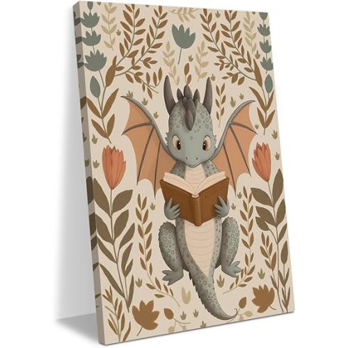 Vintage Dragon Painting Nursery Decor Book Lovers Gifts Bookish Wall Decor Canvas Wall Art Framed Prints Artwork Painting for Boys Girls Room Decor Rustic Cottage Bookworm Decorations11.5X14.5 Inch