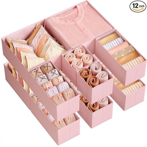 SONGMICS Drawer Organizers, Dresser Divider Organizers, Set of 12, Foldable Fabric Storage Boxes for Socks, Underwear, Bras, Ties, Scarves, Jelly Pink URDZ006R01