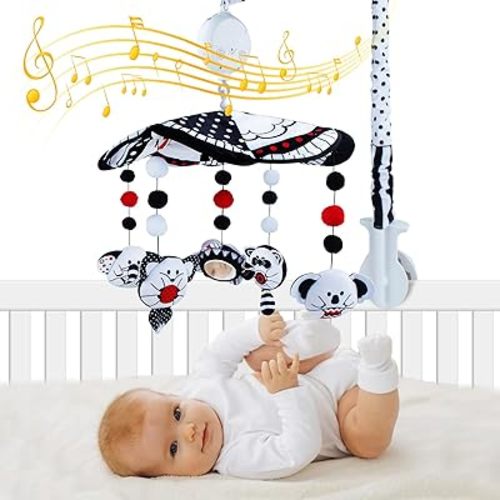 Baby Crib Mobile, Mobile for with Mirror, Black and White High Contrast Toy Newborn Infants Boys Girls, Hanging Rotating Toys Nursery Toys, Knob Type
